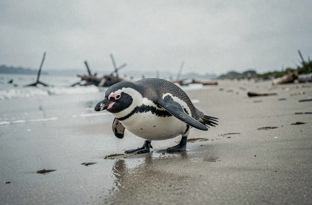 Un manchot de Magellan se promenant sur le sable mouillé au bord de l'eau, photo réaliste adaptée à un tutoriel d'exercice image manchot plage Pix pour débutants