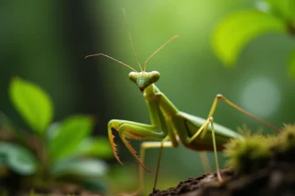 Mante religieuse verte en gros plan sur une écorce d'arbre, exemple d'insecte de la famille des mantidés en milieu forestier