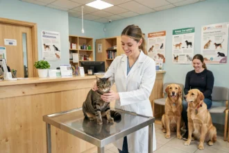 Vue d'ensemble d'une clinique vétérinaire moderne en Côtes-d'Armor avec une vétérinaire examinant un chat et un chien en attente