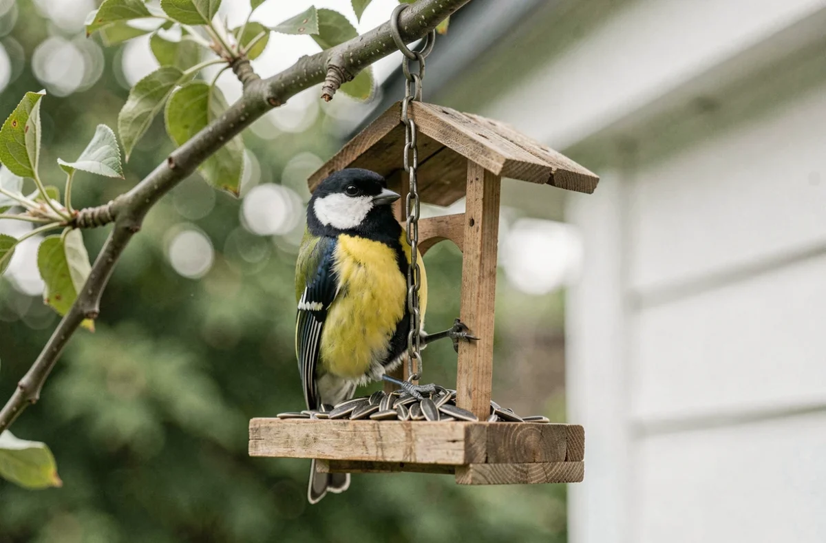 Mésange charbonnière accrochée à une mangeoire en bois suspendue dans un jardin