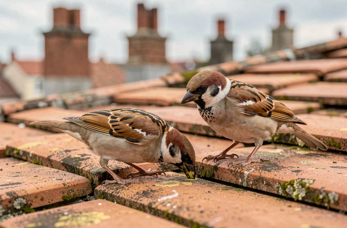 Deux moineaux domestiques cherchant leur nourriture sur un toit en tuiles terracotta