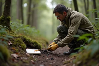 Naturaliste examinant des crottes d'animaux nocturnes sur un tronc moussu en forêt pour identifier la faune locale