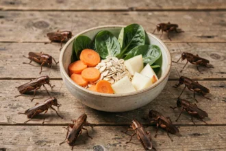 Grillons vivants se nourrissant de légumes frais et flocons d'avoine dans un bol en céramique posé sur du bois naturel