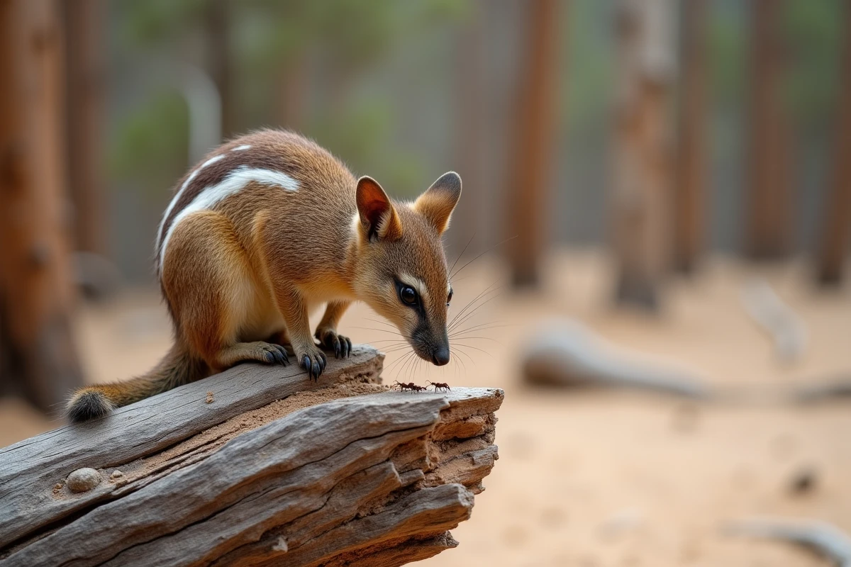 Numbat australien au museau pointu inspectant une piste de fourmis sur un tronc d'eucalyptus