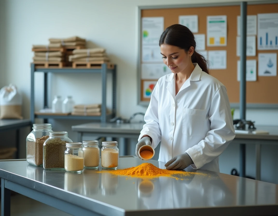 Nutritionniste préparant des compléments naturels comme le curcuma et les probiotiques pour l'alimentation et l'immunité du cochon