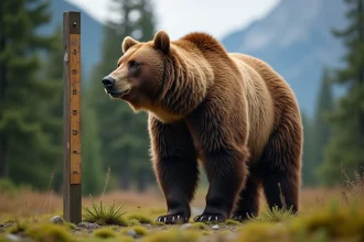ours grizzly mâle debout près d'un poteau de mesure en forêt
