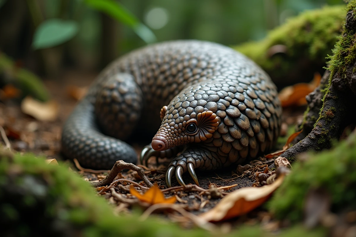 Pangolin à écailles de kératine sur un sol forestier moussu en gros plan naturel