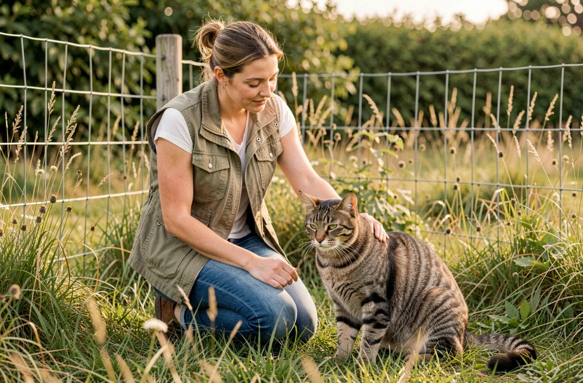 Soignante interagissant avec un chat tabby dans l'enclos extérieur herbeux de la pension Cani'Bonheur