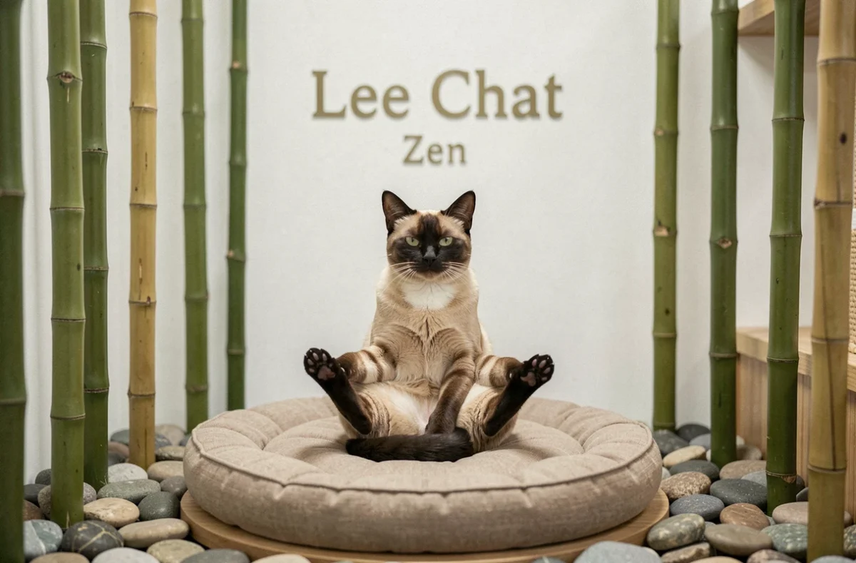 Chat siamois paisible dans un espace zen épuré aux accents japonais de la pension Le Chat Zen