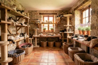 Vue d'ensemble d'une pension pour chats en Centre-Val de Loire avec plusieurs félins dans un espace rustique chaleureux