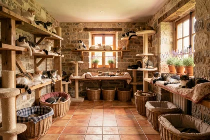 Vue d'ensemble d'une pension pour chats en Centre-Val de Loire avec plusieurs félins dans un espace rustique chaleureux