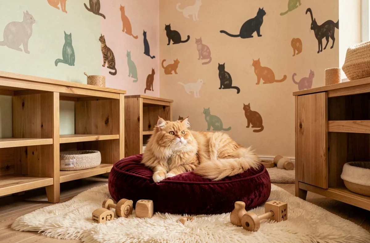 Chat persan allongé sur un coussin en velours dans la suite décorée aux silhouettes de félins de Félinpourlautre