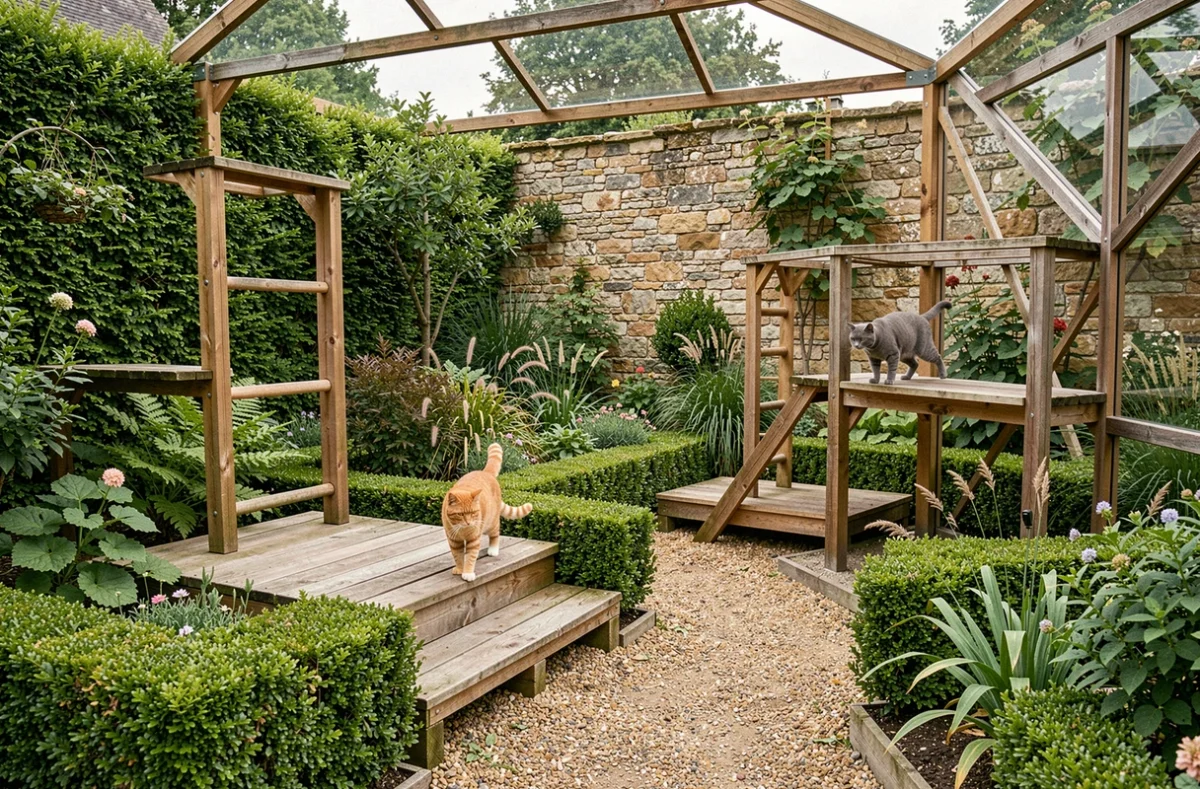 Deux chats explorant les structures en bois du jardin verdoyant de la pension Le Jardin de Behemiel