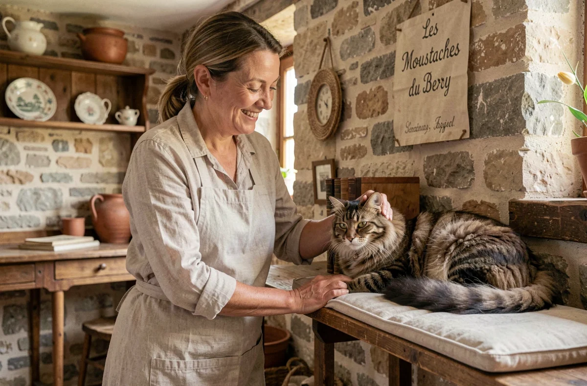 Soignante caressant un chat tabby dans la pension Les Moustaches du Berry aux murs en pierre apparente