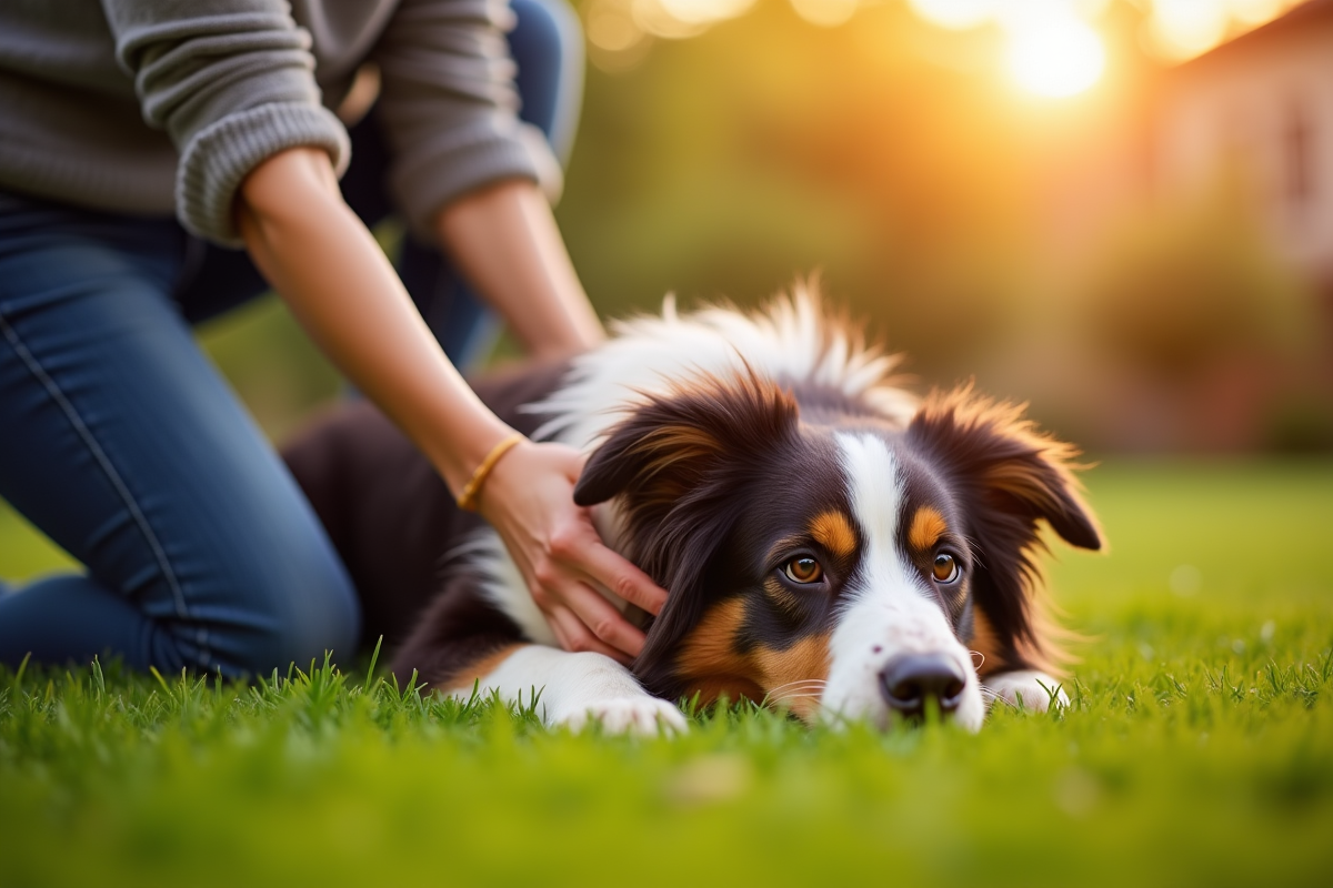 Personne caressant un border collie sur la pelouse