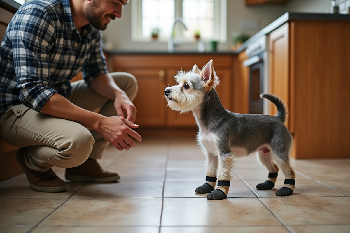 Petit terrier avec bottines dans une cuisine lumineuse