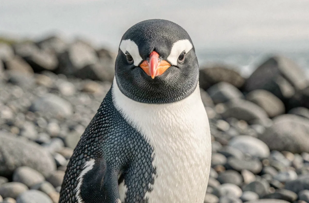 Portrait en gros plan d'un manchot papou sur une plage de galets, image réaliste et détaillée pour illustrer un exercice Pix sur les manchots à la plage destiné aux débutants