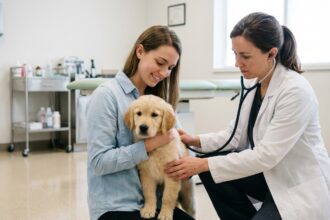 Jeune femme tenant son chiot golden retriever lors d'une première consultation dans un cabinet vétérinaire moderne