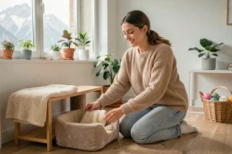 Femme préparant un coin confortable pour accueillir un chat adopté dans un appartement de Grenoble