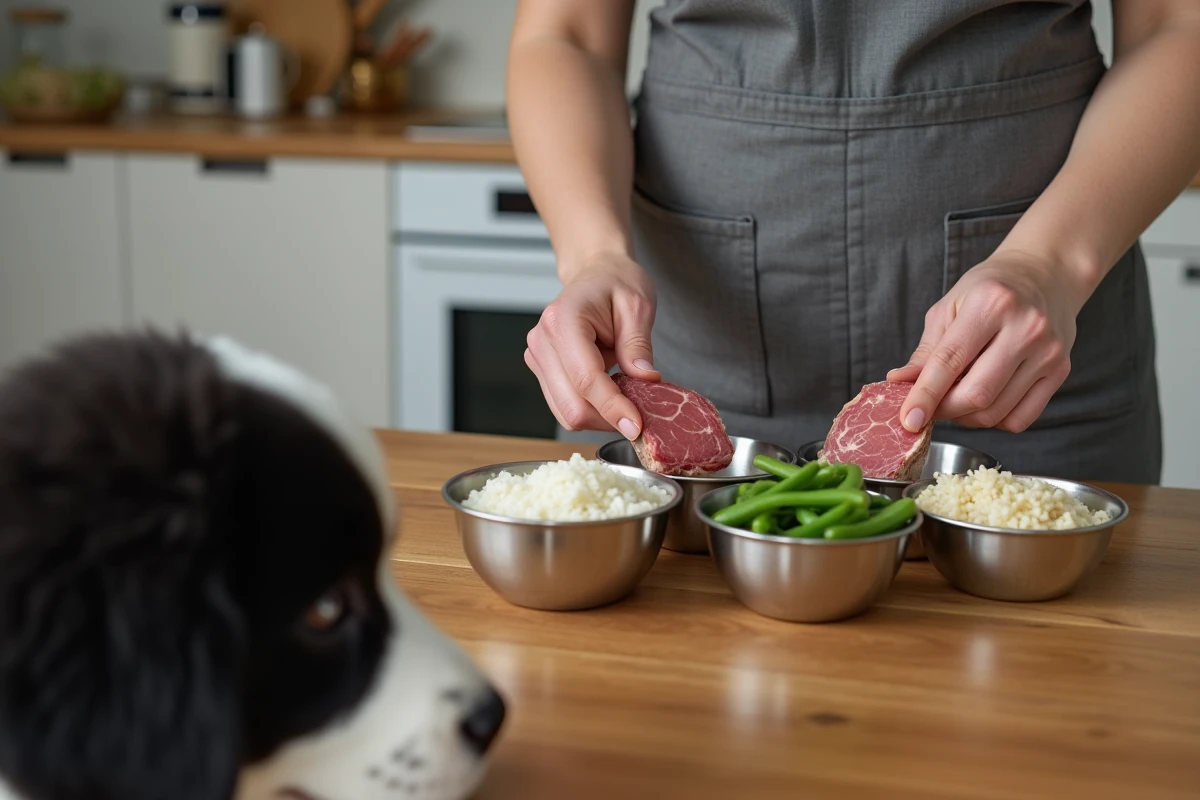 Femme préparant un repas équilibré fait maison pour son chiot Terre Neuve noir et blanc dans une cuisine en bois
