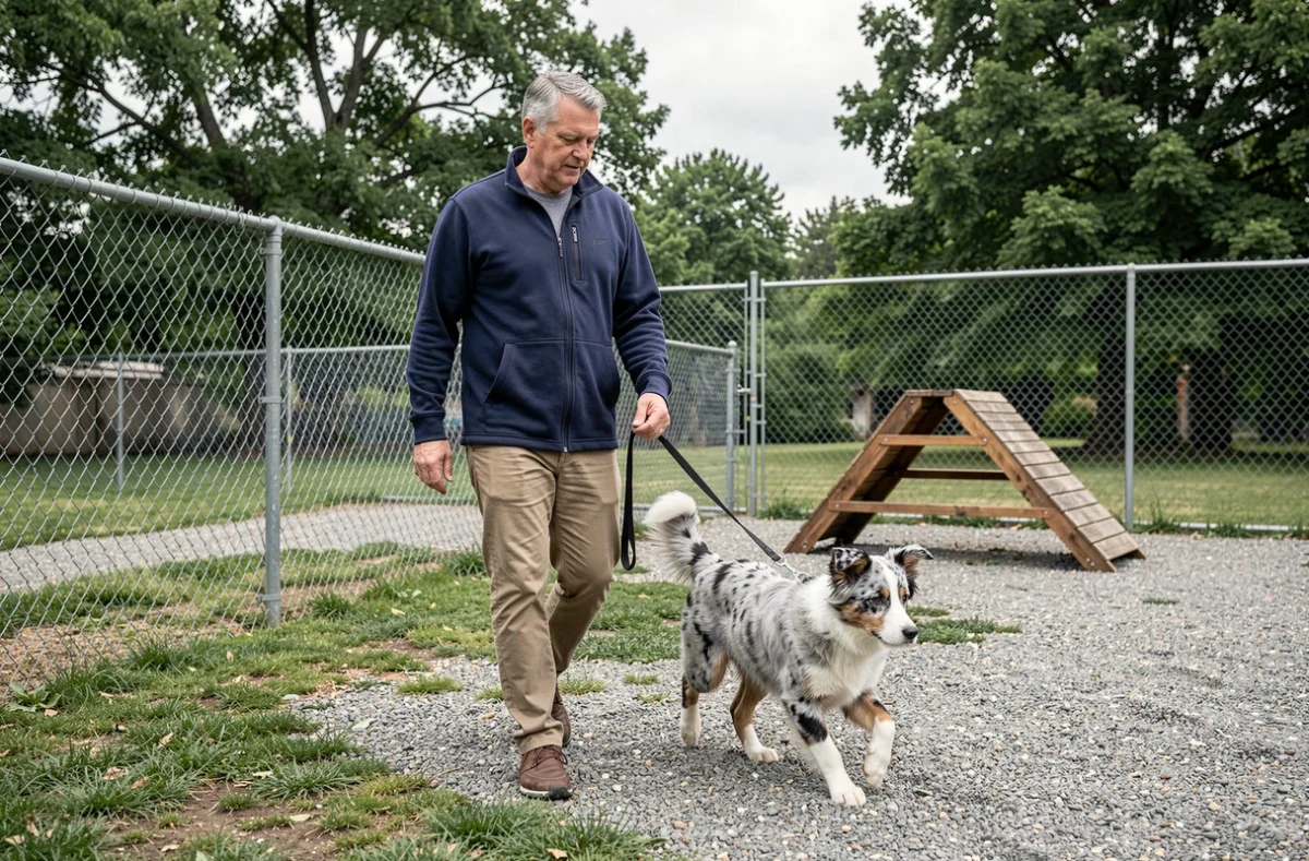 Homme d'âge moyen promenant un chiot Border Collie Bleu Merle en laisse dans la cour extérieure d'un refuge animalier