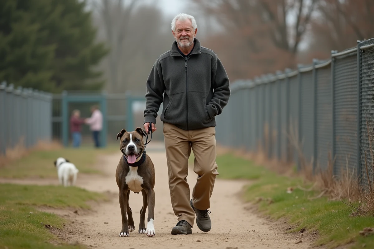 Homme promene un chien dans refuge extérieur