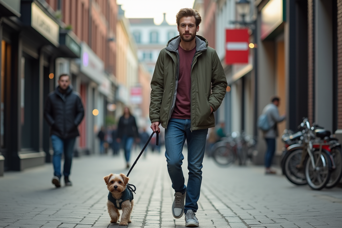 Jeune homme promene un chien en ville avec rue animée