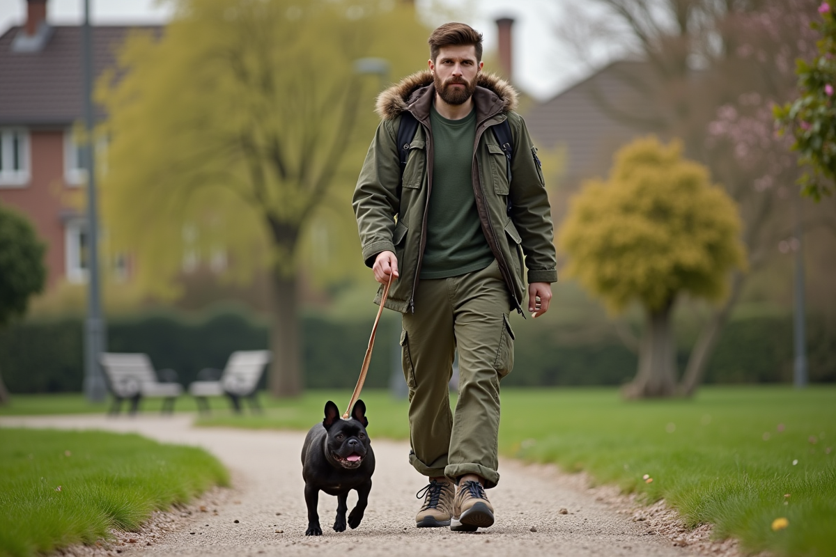 Jeune homme avec chien dans parc résidentiel