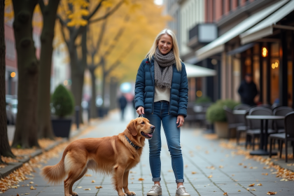 Femme souriante avec chien golden retriever en ville