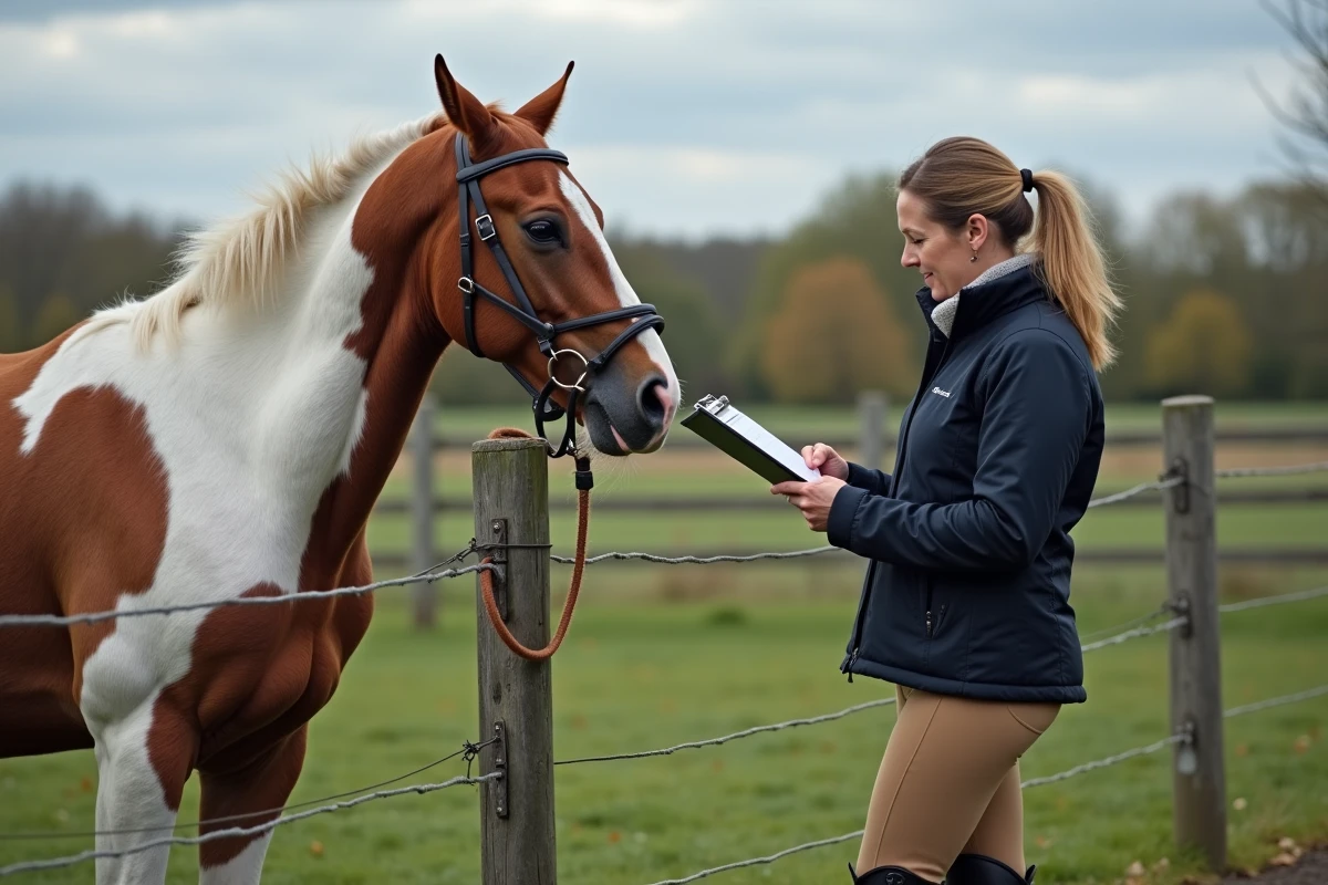 Propriétaire de cheval appaloosa consultant un budget équestre dans un paddock, représentant les coûts annuels d'entretien