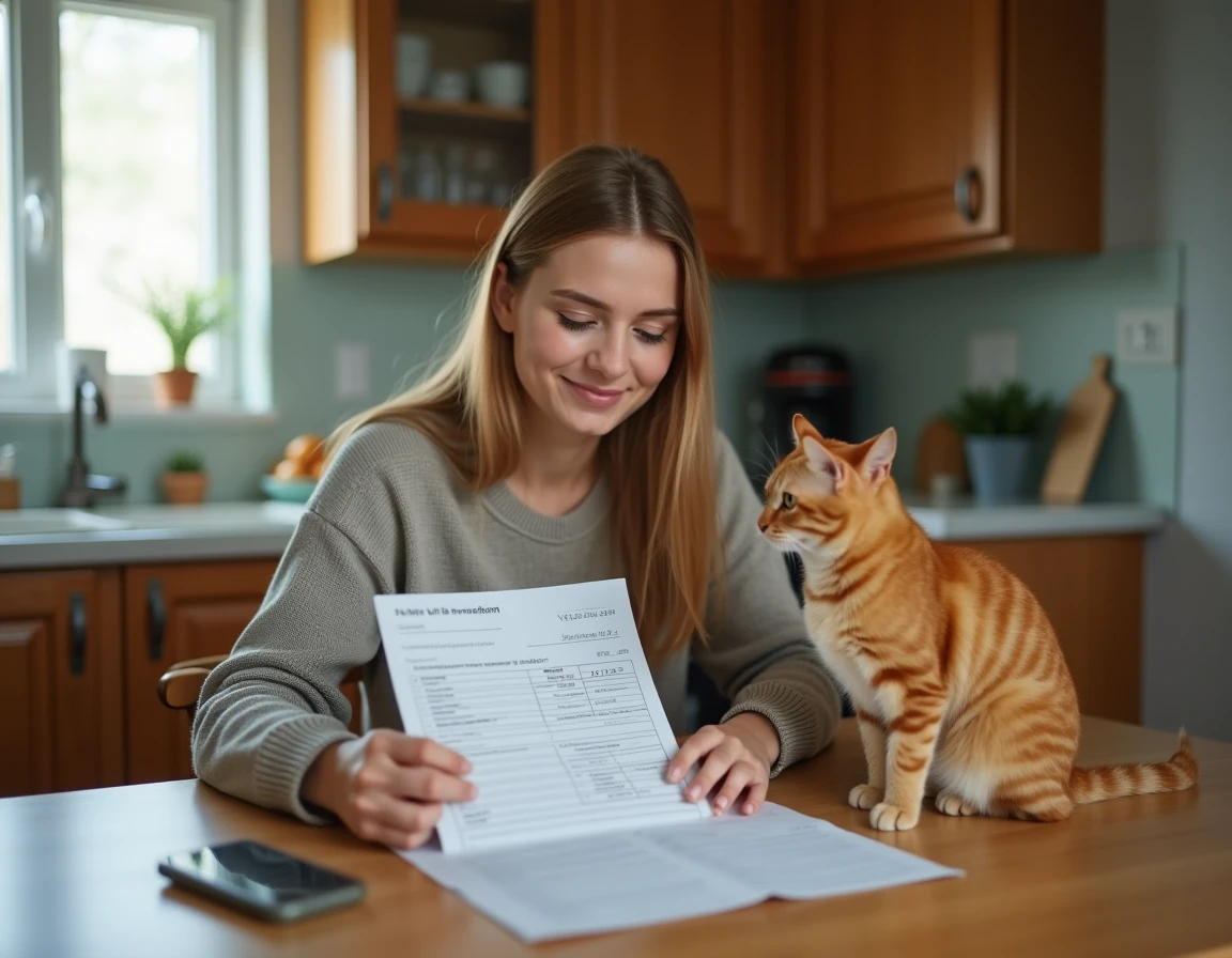 Propriétaire de chat lisant attentivement l'ordonnance de Metacam à la maison avec son chat roux assis à ses côtés sur la table de cuisine