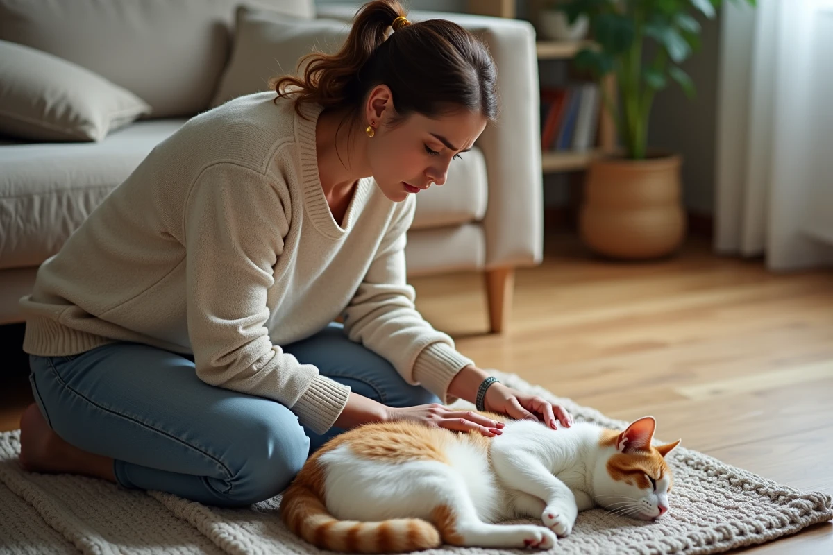 Femme inquiète examinant son chat allongé et apathique sur une couverture dans le salon, propriétaire attentive aux signes de maladie de son animal