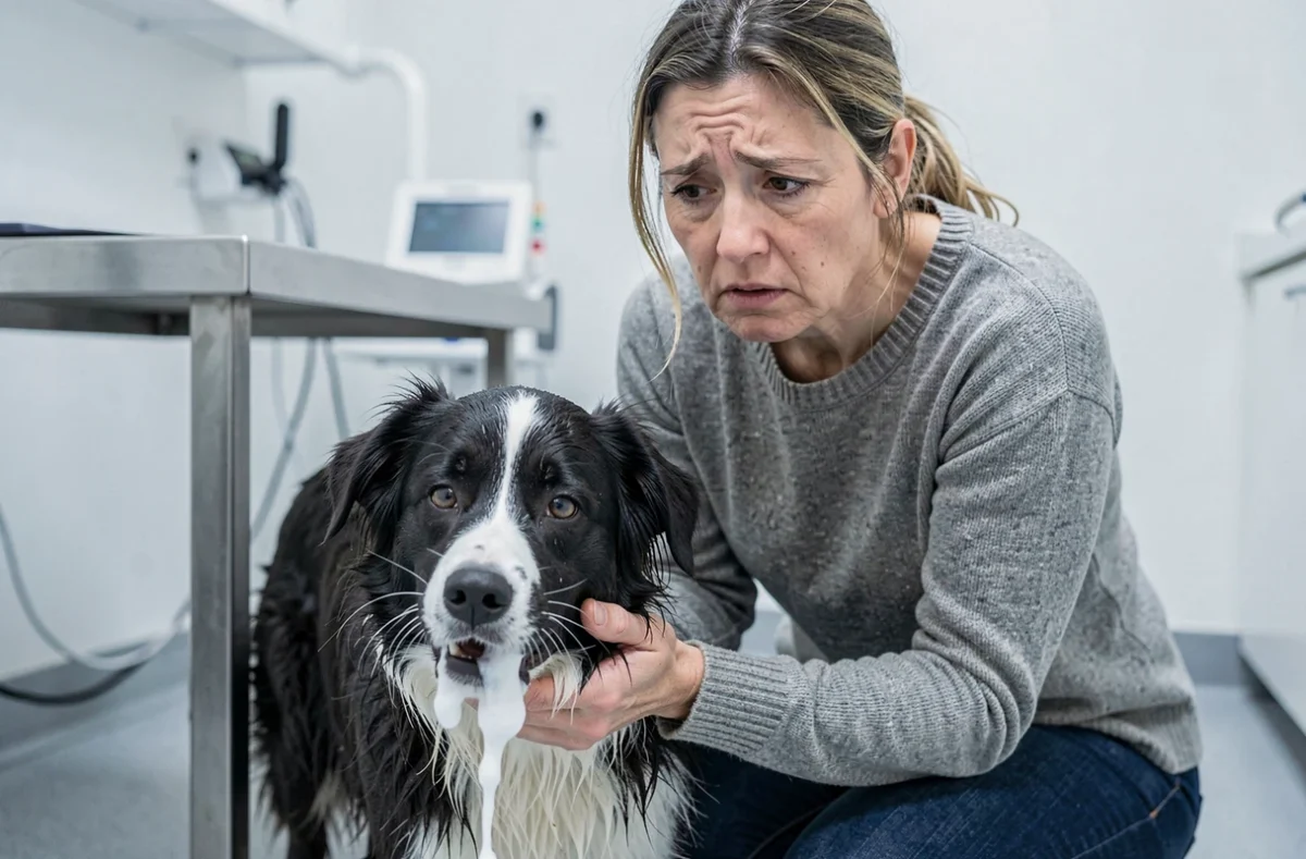 Femme inquiète tenant son chien border collie bavant mousse blanche chez le vétérinaire, détresse animale et consultation urgente