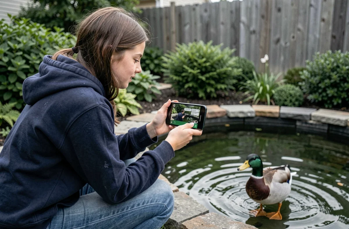 Adolescente utilisant une application de reconnaissance d'oiseaux pour identifier un canard au bord d'un étang de jardin