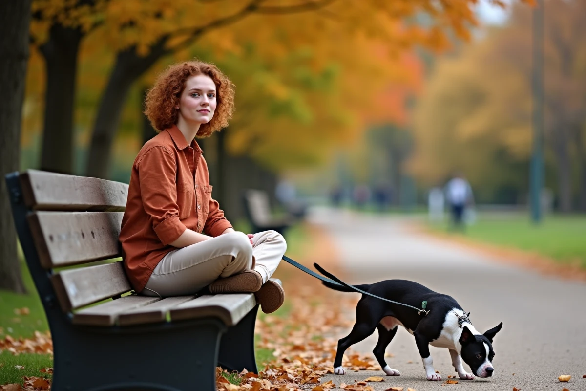 Jeune femme patientant sur un banc de parc pendant que son Boston Terrier adulte adopté explore en laisse détendue, rééducation comportementale en milieu public