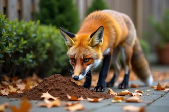 Renard roux curieux près d'une déjection dans un jardin