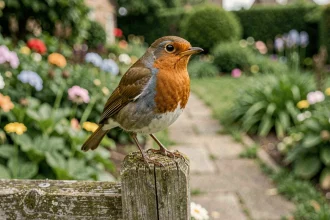 Rouge-gorge posé sur un piquet de clôture en bois moussu dans un jardin de banlieue