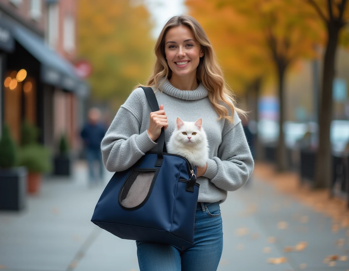 Femme portant un sac de transport souple en toile marine avec un chat blanc regardant par la fenêtre grillagée en ville