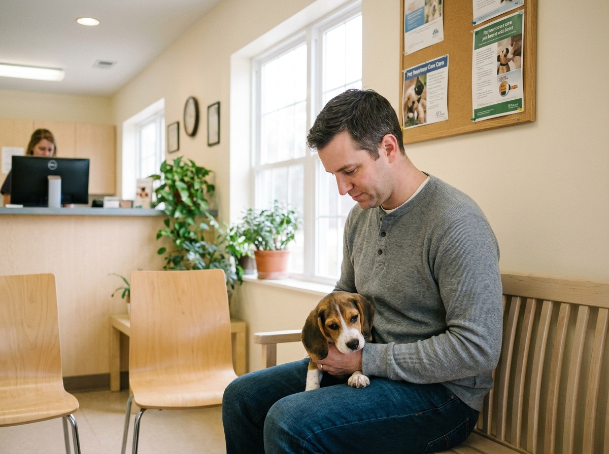Propriétaire assis dans la salle d'attente d'une clinique vétérinaire avec son chiot beagle sur les genoux