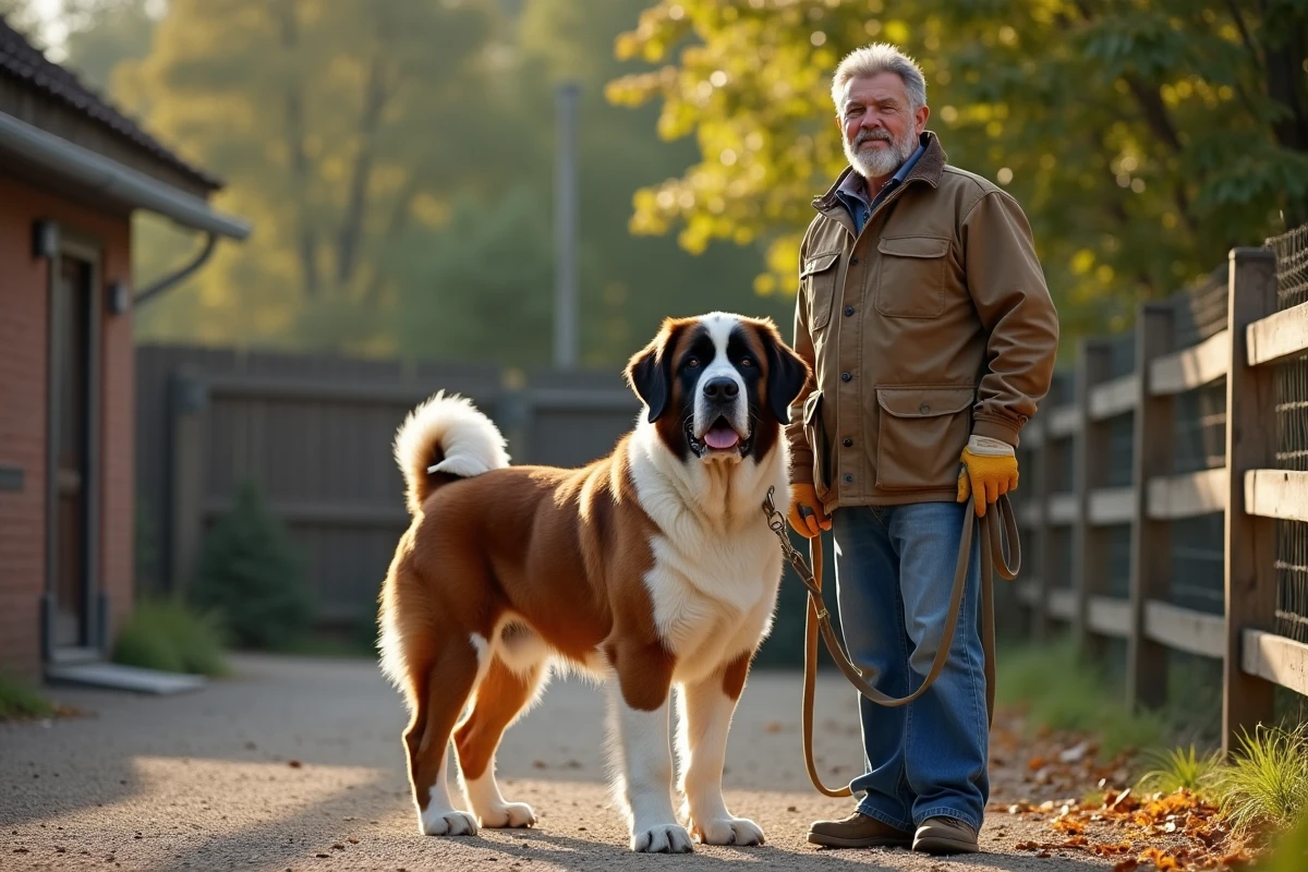 Soigneur et chien Saint Bernard dans la cour extérieure d'un refuge du Fonds Saint Bernard