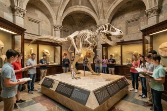 Squelette de Tyrannosaurus rex exposé dans un musée d'histoire naturelle avec des panneaux scientifiques explicatifs