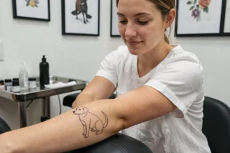 Tatouage minimaliste d'un chien en un seul trait sur l'avant-bras d'une femme dans un salon de tatouage