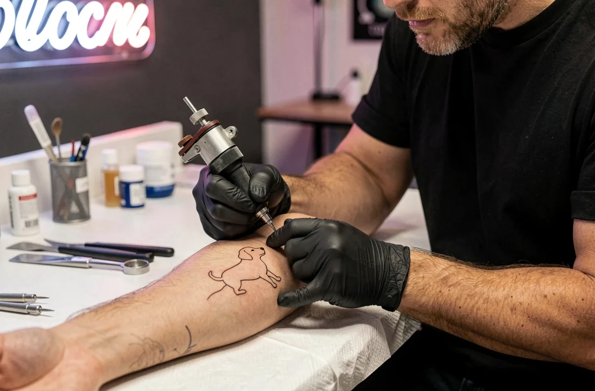 Tatoueur appliquant un tatouage chien minimaliste en trait continu sur le poignet d'un client