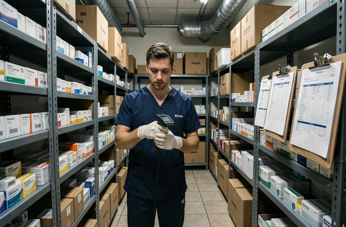 Technicien vétérinaire scannant des médicaments dans une réserve de stockage pharmaceutique vétérinaire