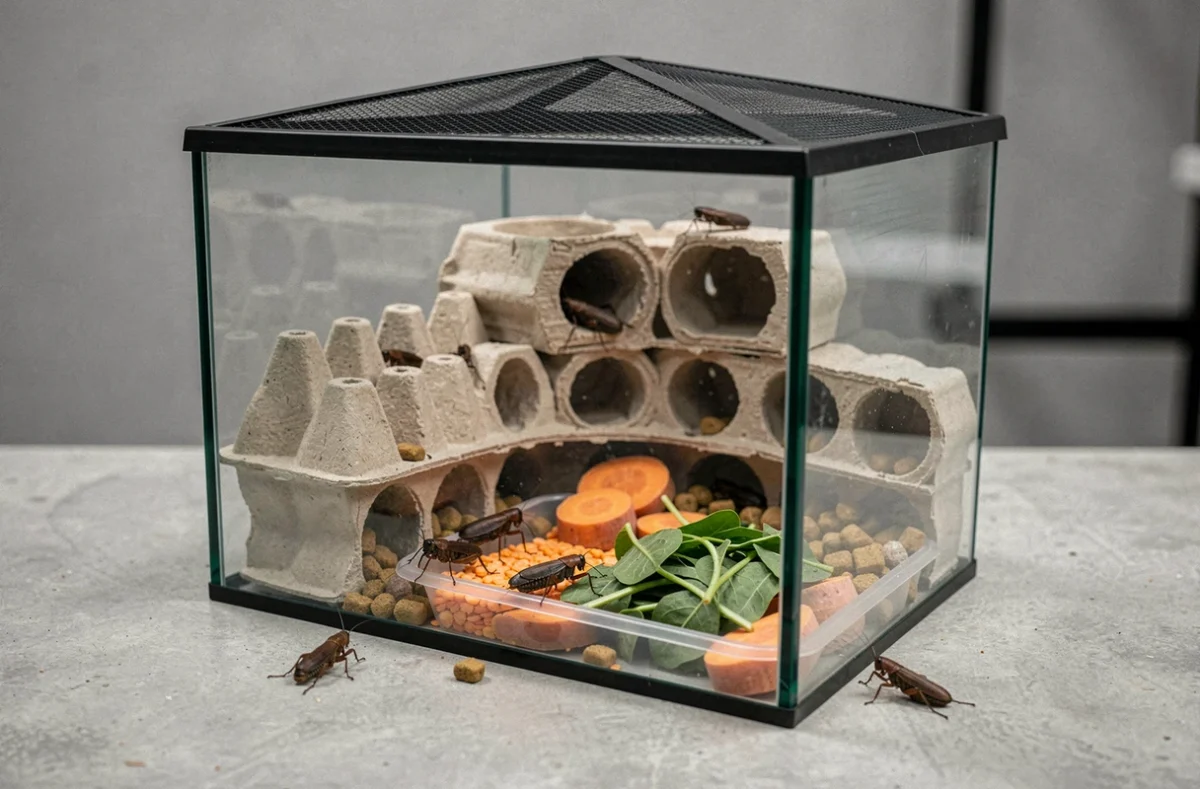 Terrarium de cricket avec cachettes en carton d'œufs et alimentation variée pour enrichissement nutritionnel destiné aux reptiles