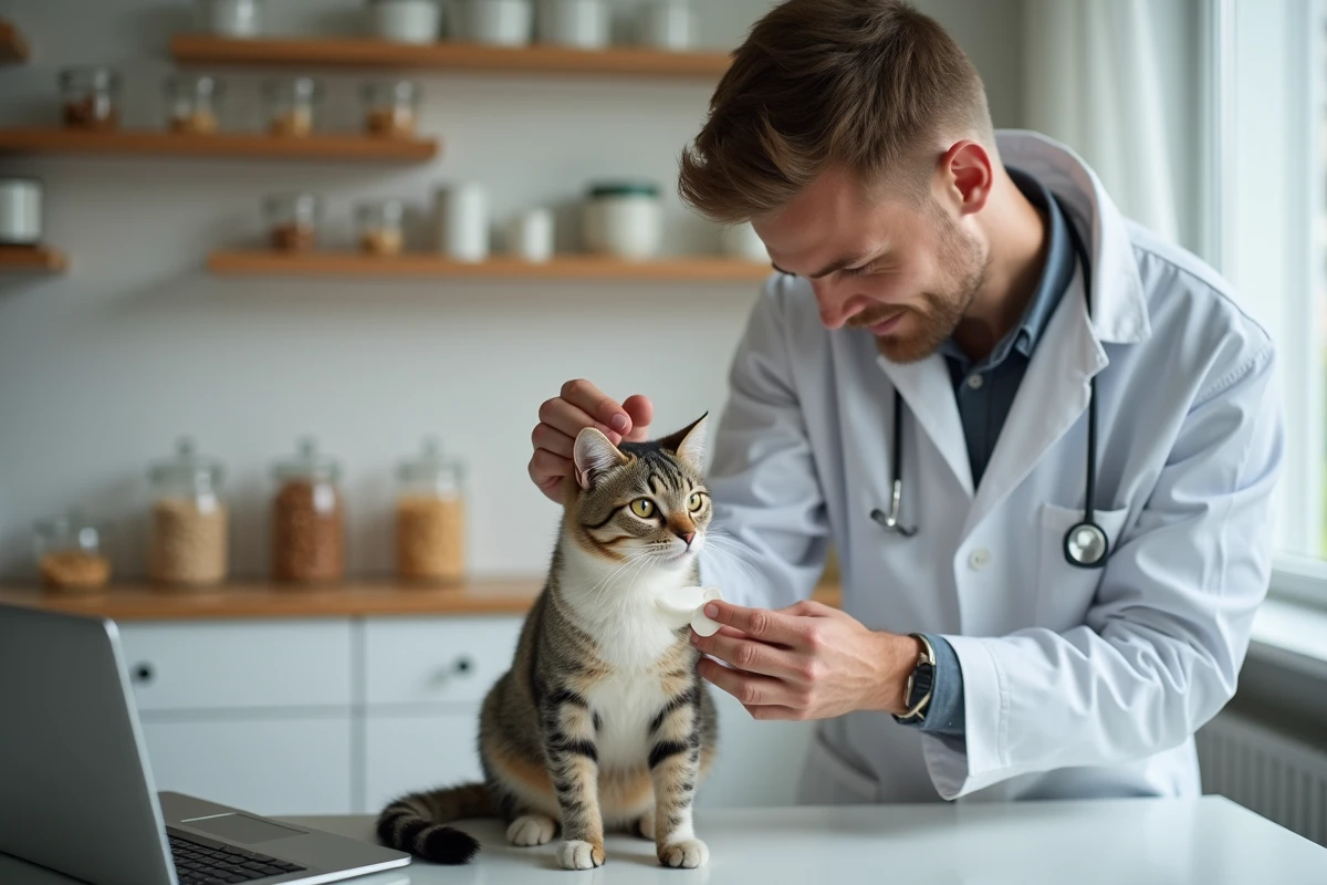 Vétérinaire appliquant un patch allergie sur un chat