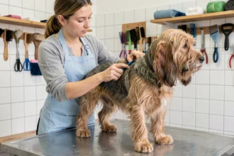 Toilettage professionnel d'un basset hound Griffon vendéen par une groomeuse en salon