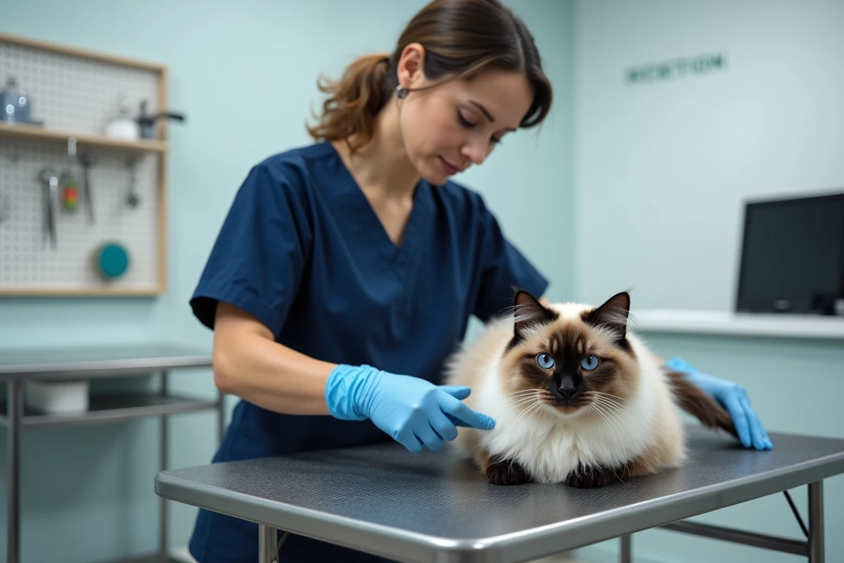 Toiletteuse professionnelle qui taille les nœuds du pelage d'un chat Ragdoll dans un salon de toilettage
