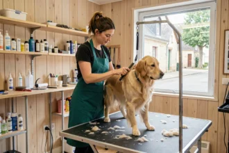 Toiletteur canin professionnel brossant un golden retriever dans un salon de toilettage des Pays de la Loire
