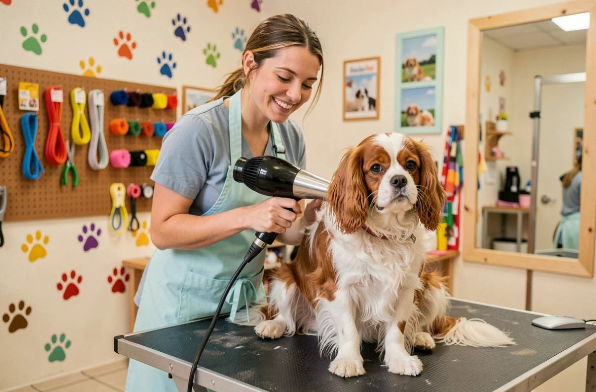 Touffu et Compagnie en Vendée, une toiletteuse souriante séchant le pelage d'un Cavalier King Charles dans son salon coloré